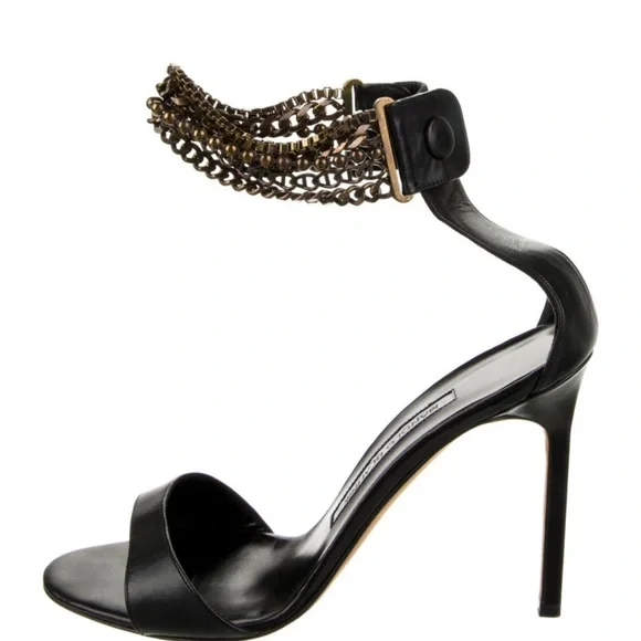 Manolo Blahnik Black and Gold Chain Stiletto Heels - Picture 1 of 5
